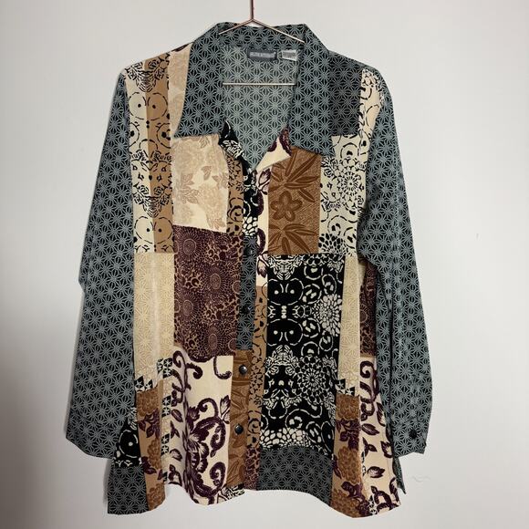 Vintage Kloz Studio Womens Top 2X Patchwork 80s Artsy Abstract Teacher Neutral - Picture 2 of 7